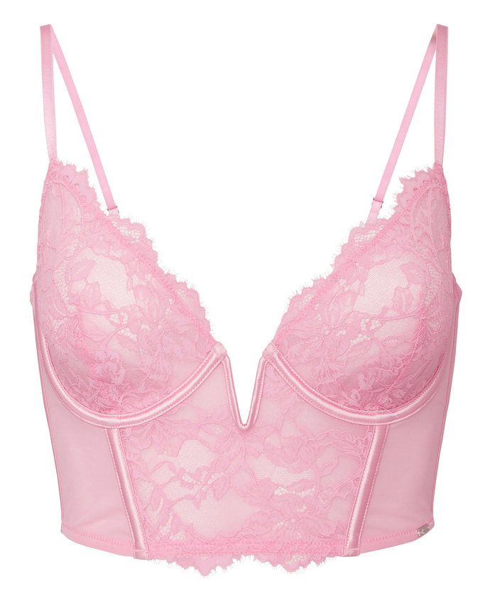 Odstín millennial pink patří letos k velmi oblíbeným. Braletce s hlubším výkrojem od značky Lindex padne tato pudrově růžová dokonale. (1 299 Kč)