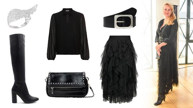 Ultramódní outfit Venduly Pizingerové (52): Černočerný model vyšperkovala líbivou kombinací materiálů