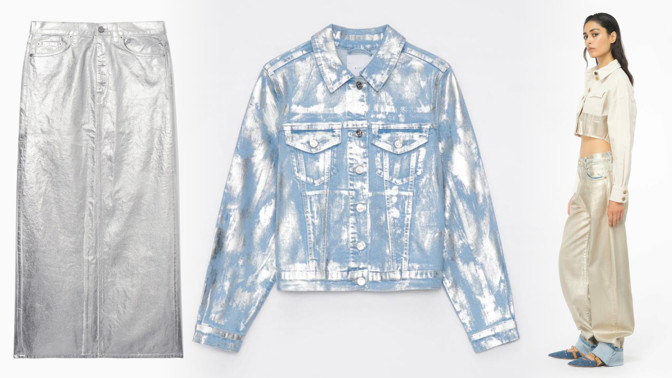 Trend jara 2024: Metalický denim zdobí třpytivým povrchem všechny klasické kousky z džínoviny