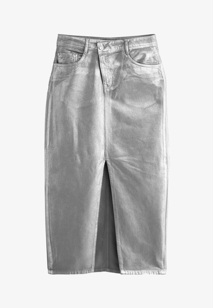 Džínová midi sukně se stříbrným povrchem, Next, 1 675 Kč