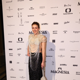 Perlový vršek byl doplněn sukní z lámaných flitrů. 