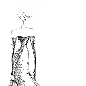 Skica druhého modelu pro Terezu Kostkovou z letošního ročníku StarDance. Její autorkou je módní návrhářka Tatiana Kovaříková, která se opět stará o úchvatnou garderobu oblíbené moderátorky.