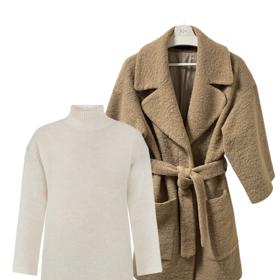 Outfitem týdne je tentokrát model úpletových šatů s rolákem a dlouhými rukávy a slušivý zavinovací plášť. Nechybí ani doplňky tón v tónu.