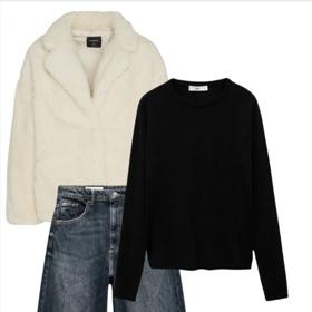 Dostupnější varianta outfitu, který snoubí nadýchanou kožešinu s nesmrtelným denimem.