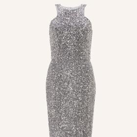 Stříbrné flitrové večerní šaty s americkými průramky, Swing, 4 010 Kč