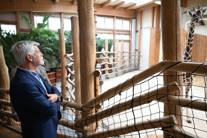 Petr Pavel v pavilonu žiraf.