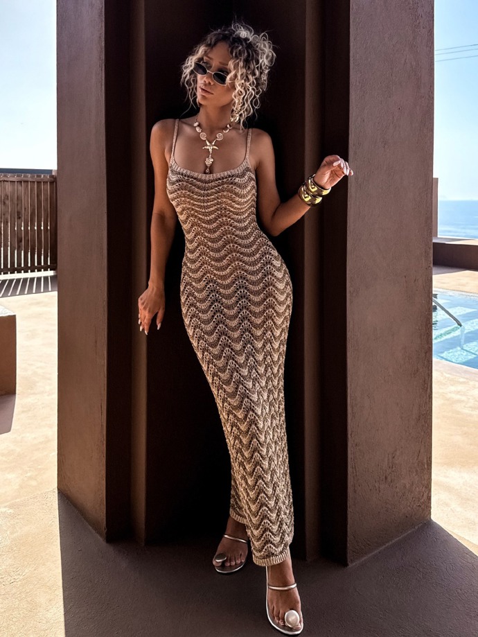 Zlaté háčkované dlouhé šaty, Erika Fashion, 799 Kč