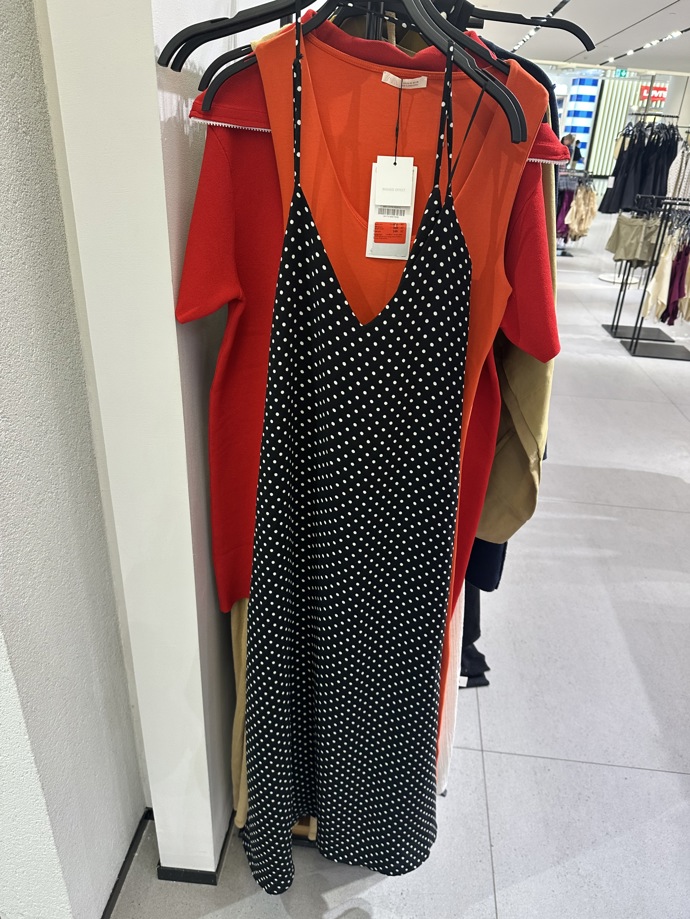 V obchodě narazíte i na puntíkované šaty typu slip dress. Stojí 249 Kč.