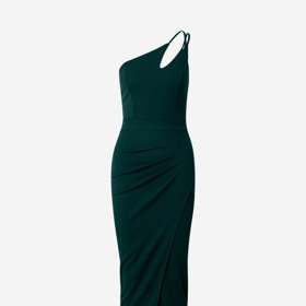 Tmavě zelené šaty na jedno rameno s řasením a rozparkem prodává třeba značka WAL G. za 1 479 Kč.
