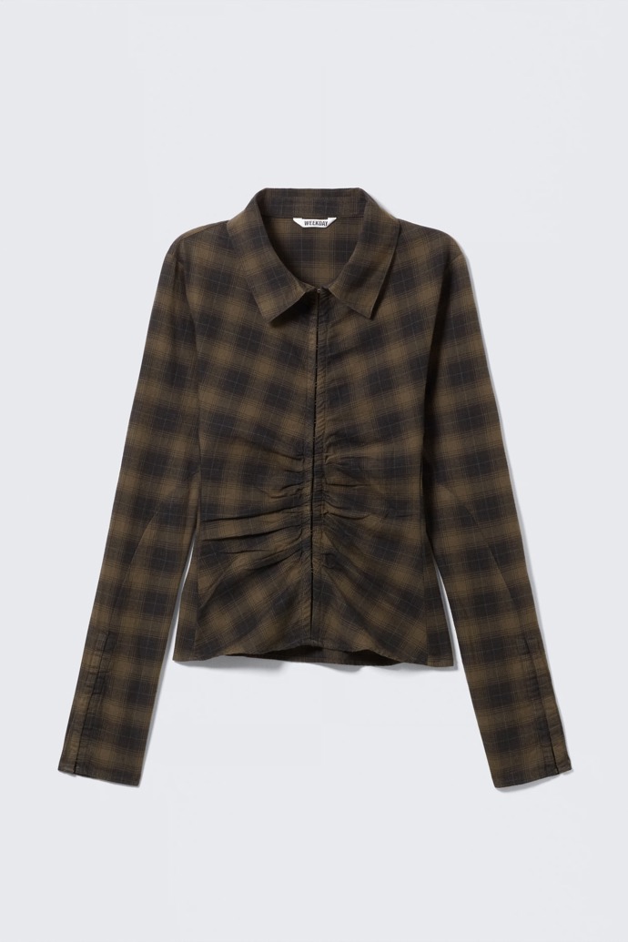 Saténová košile s potiskem a řasením, Weekday, 1 299 Kč