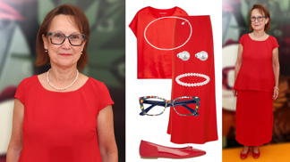 Mladistvý outfit Mileny Steinmasslové pro ženy 70+: Červenou barvu zjemnila romantickými perlami