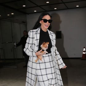 Demi Moore nosí kostkované kousky v klasickém černo-bílém barevném provedení. Pouzdrový střih sukně, kterou má herečka na sobě, bude letos velkým hitem.