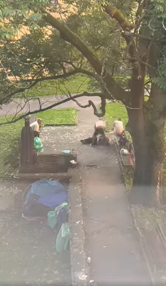 Do ženy kopal i druhý z mužů.