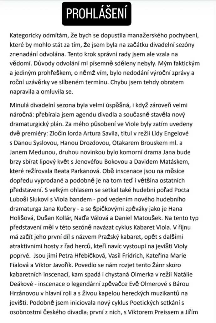 Vyjádření Kláry Cibulkové k jejímu odvolání z postu ředitelky.