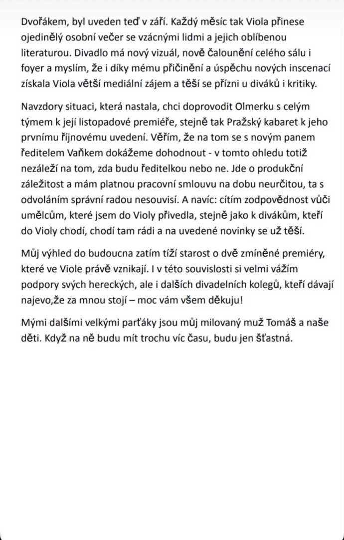Vyjádření Kláry Cibulkové k jejímu odvolání z postu ředitelky.