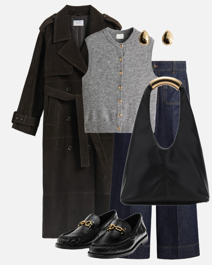 A zde jeden z podzimních outfitů s kabátem z broušené kůže od stylistky Nikoly Markové. 