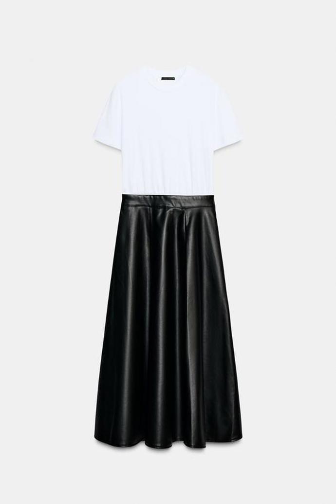Midi šaty s kombinovanou sukní z imitace kůže, Zara, 1199 Kč