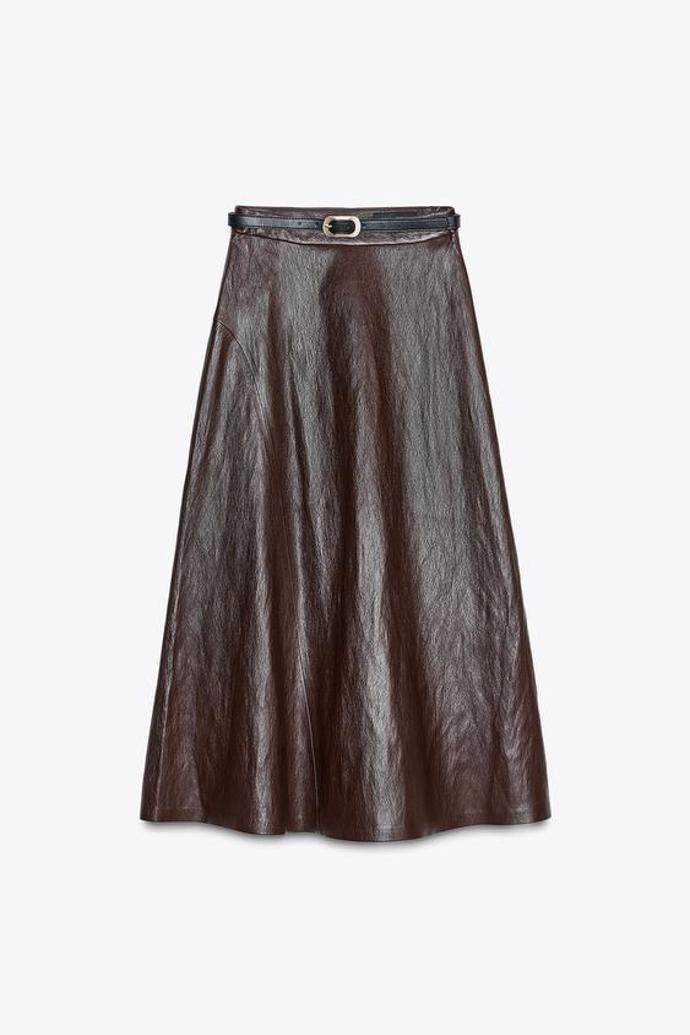 Midi sukně s páskem a efektem kůže, Zara, 849 Kč