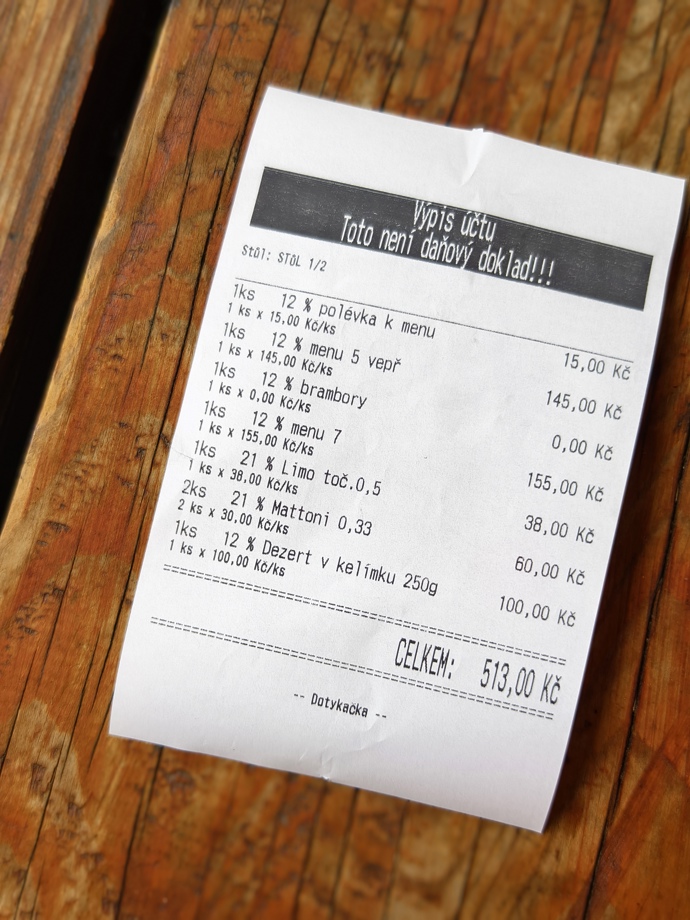 Celková útrata vyšla redakci Extra.cz na 513 korun. 