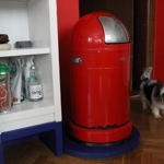 Samozřejmě je červený i odpadkový koš - zpoza něj vykukuje jeden z Bářiných pejsků.
