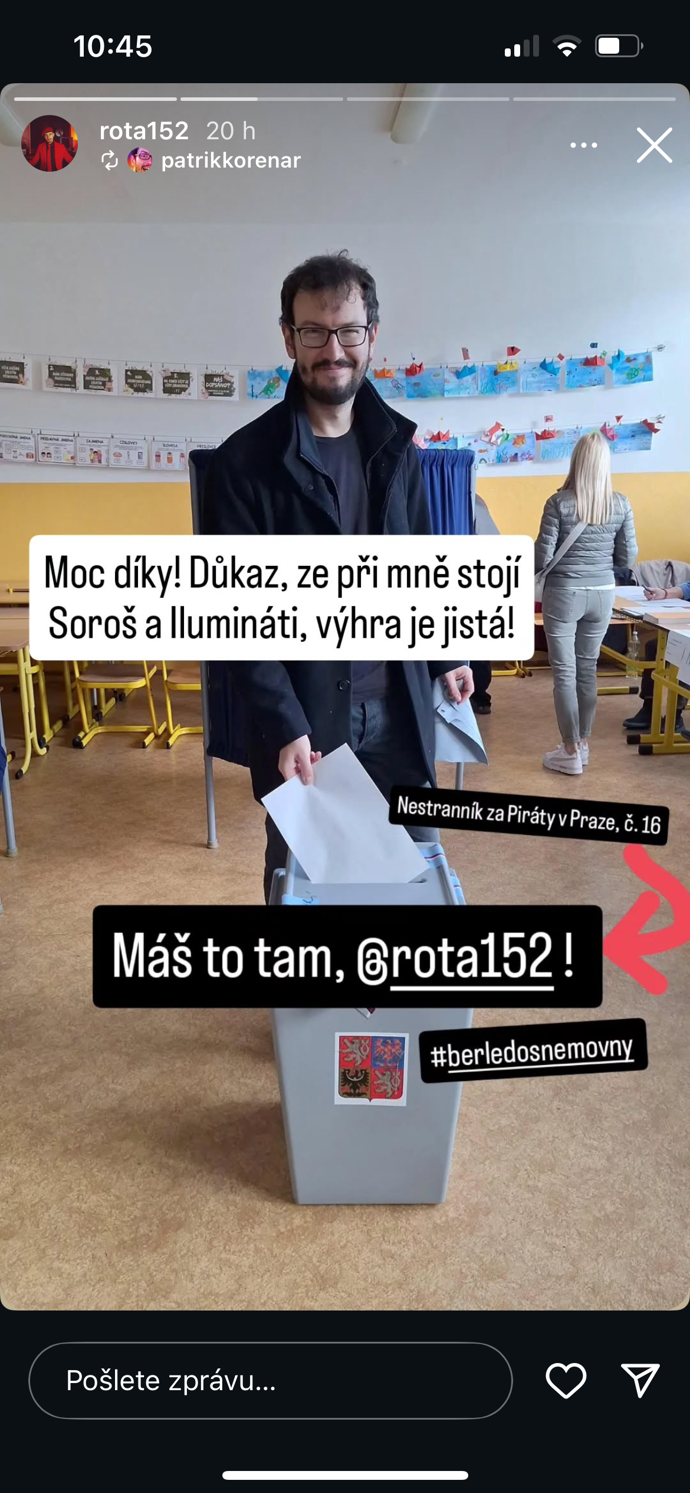 Patrik Kořenář volil Martina Rotu a Piráty.
