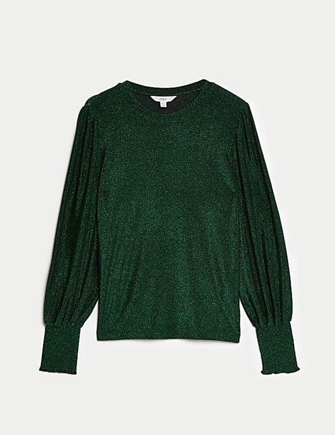 Třpytivá žerzejová halenka s kulatým výstřihem, Marks&Spencer, 799 Kč
