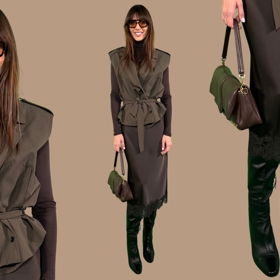 Základem třetího outfitu je saténová sukně s krajkovým lemováním. S rolákem a vestou ji můžete nosit na den...