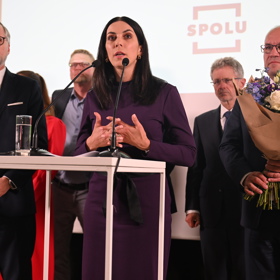 Markéta Pekarová Adamová na tiskové konferenci SPOLU.