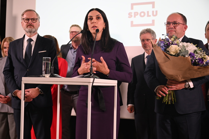 Markéta Pekarová Adamová na tiskové konferenci SPOLU.