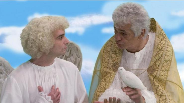 Jiří Bartoška s Ivanem Trojanem v pohádce Anděl páně.