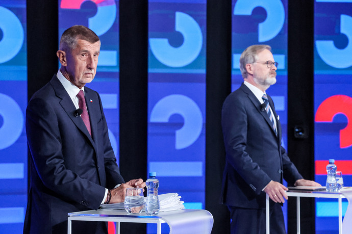 Petr Fiala a Andrej Babiš v předvolební debatě CNN Prima News.