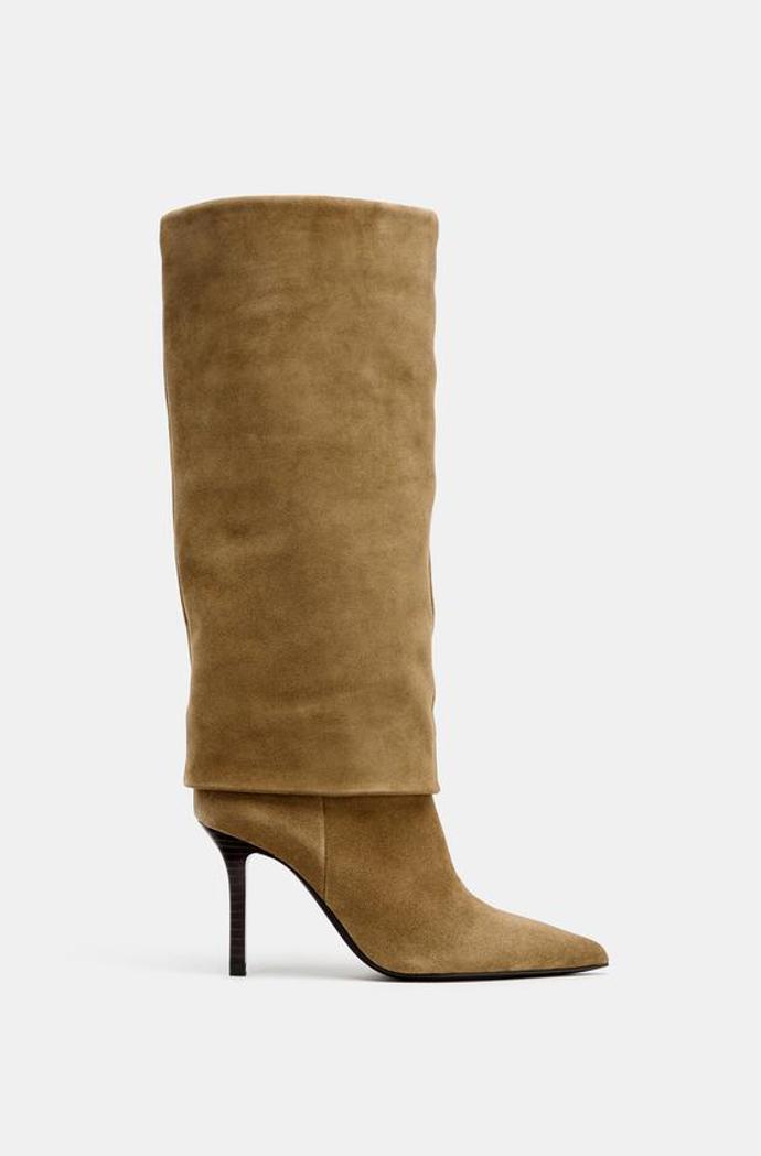 Kozačky na podpatku ze štípaného semiše, Zara, 2799 Kč