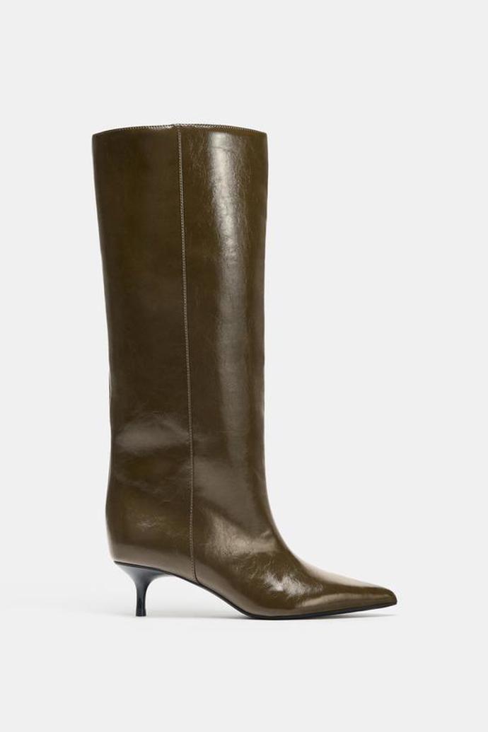 Kozačky ze štípaného semiše na tenkém podpatku, Zara, 2799 Kč