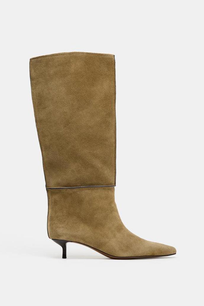 Kozačky ze štípaného semiše s prošíváním, Zara, 2999 Kč