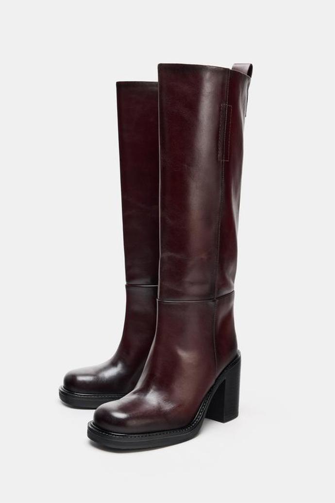 Kožené kozačky na širokém podpatku, Zara, 2999 Kč
