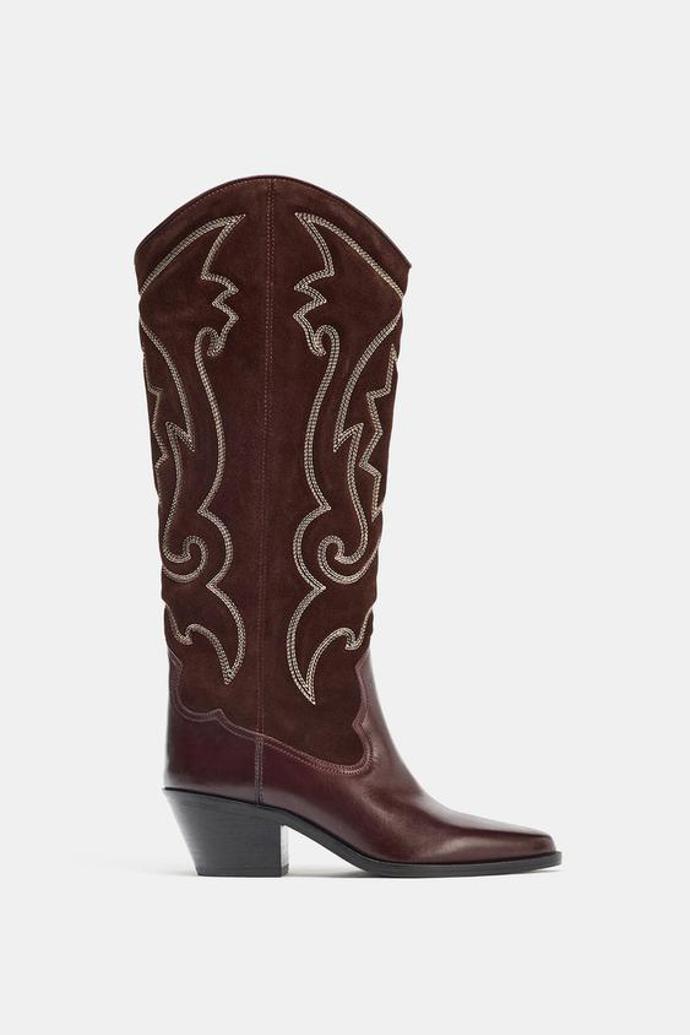 Kožené kozačky cowboy s výšivkou, Zara, 2999 Kč