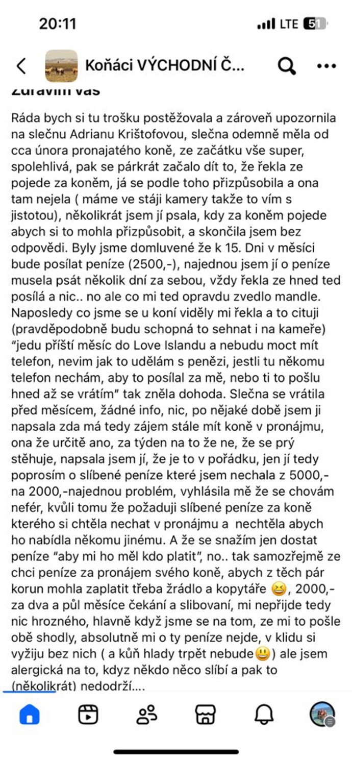 Zpráva od majitelky koně. 