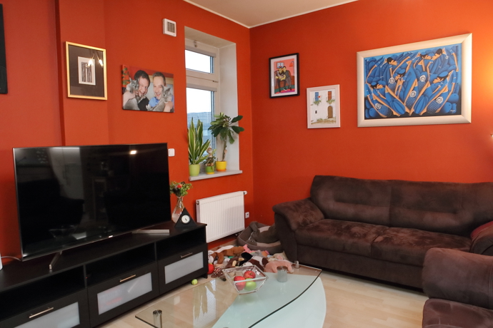 Pohled na obývací pokoj Aleše Cibulky a Michala Jagelky, v koutku je ráj Tobiáše.