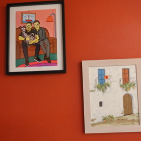 Portrét Aleše a Michala ve stylu seriálů Simpsnovi a taky Tobiáše, vedle obrázek z Ibizy.