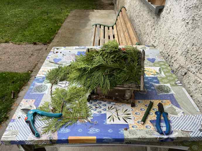 Největšími pomocníky jsou dva druhy zahradnických nůžek, na drátek a na přírodniny, a tenký zelený drátek z hobby marketu. 