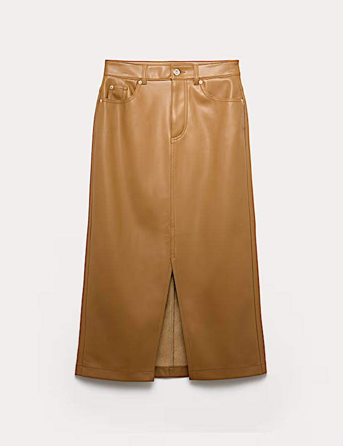 Koženková áčková midi sukně s rozparkem vpředu, Marks&Spencer, 1099 Kč