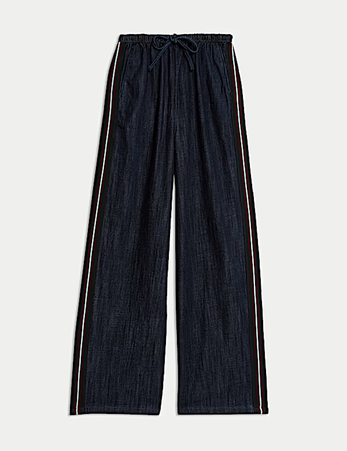 Široké kalhoty z denimu s bočními pruhy, Marks&Spencer, 999 Kč
