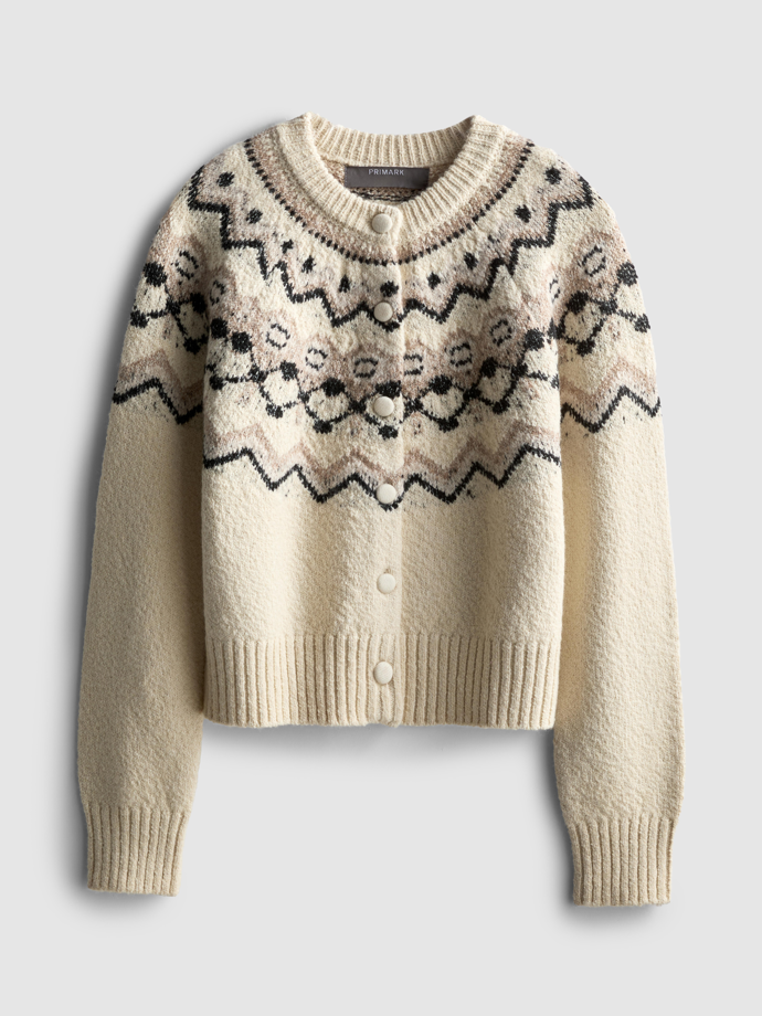 Kardigan ze silného úpletu fair isle s knoflíky, dlouhým rukávem a kulatým výstřihem, Primark, 520 Kč
