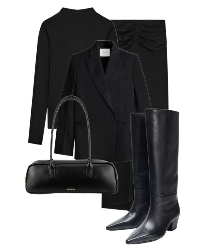 Business look v monochromatickém pojetí. Toto si můžete vzít i na večírek a přidat vlněný kabát. 