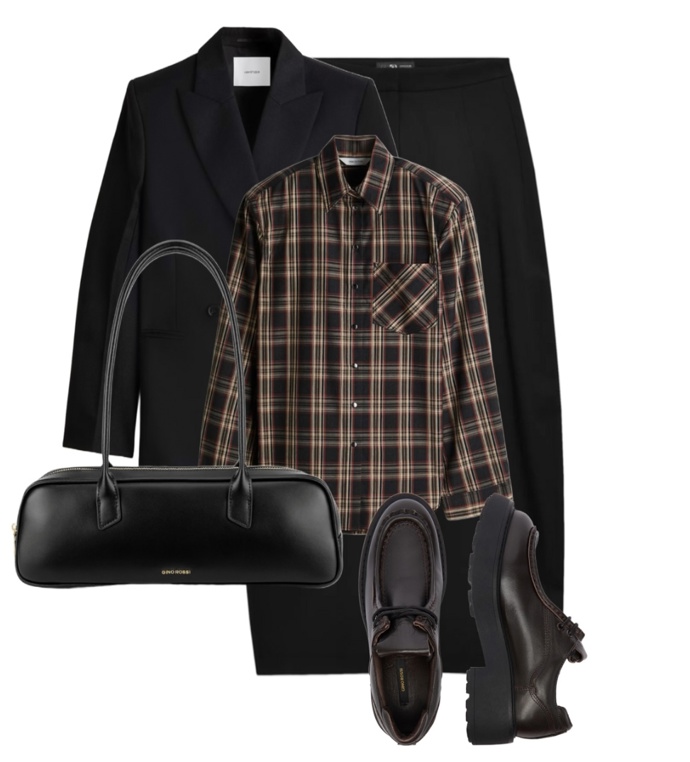 Elegantní styling s kostkovanou košilí. 