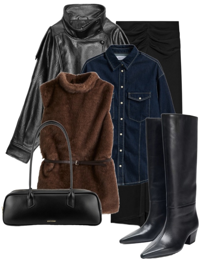 Chlupatá vesta se bude hodit i pod koženou bundu s černými kalhotami. 