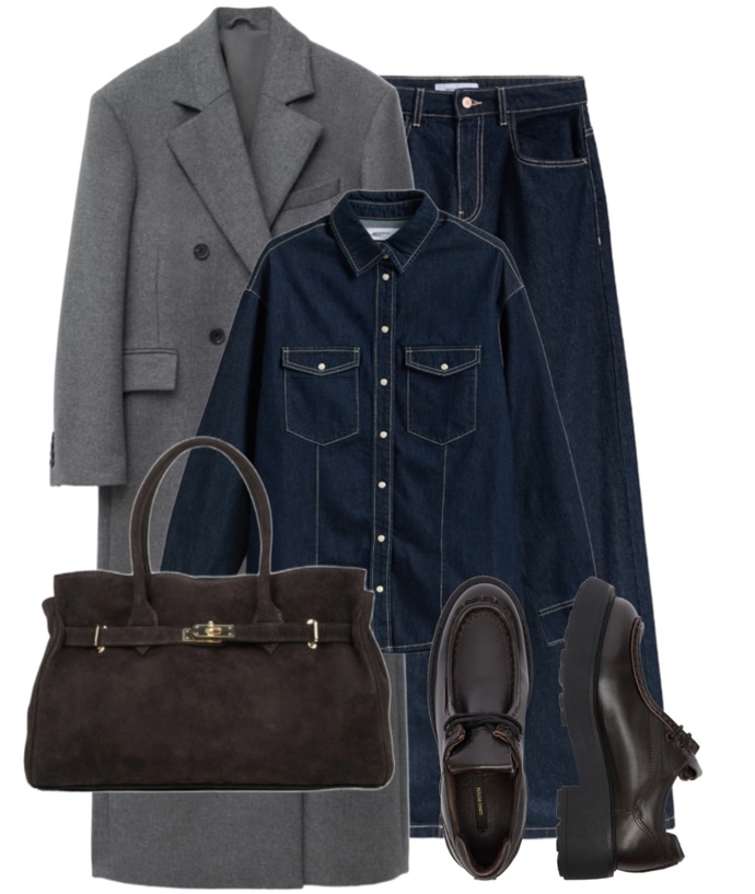 All denim outfit pro chladnější dny s vlněným kabátem.