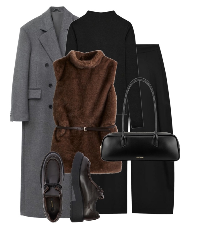 Tady vidíte, jak se dá vestička použít i přes černý svetr k černým kalhotám. A další outfit je na světě. 