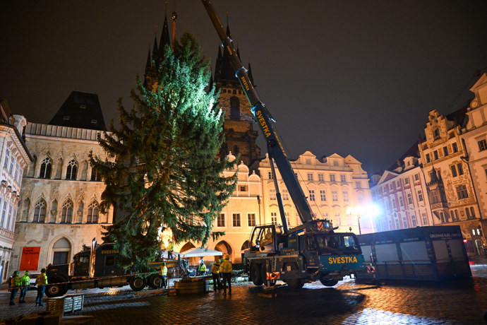 Pracovníci přivážejí vánoční strom na Staroměstské náměstí.