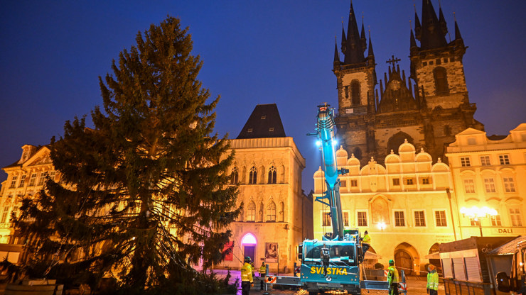 Vánoční strom na Staroměstském náměstí už stojí. Zbývá ho ozdobit.